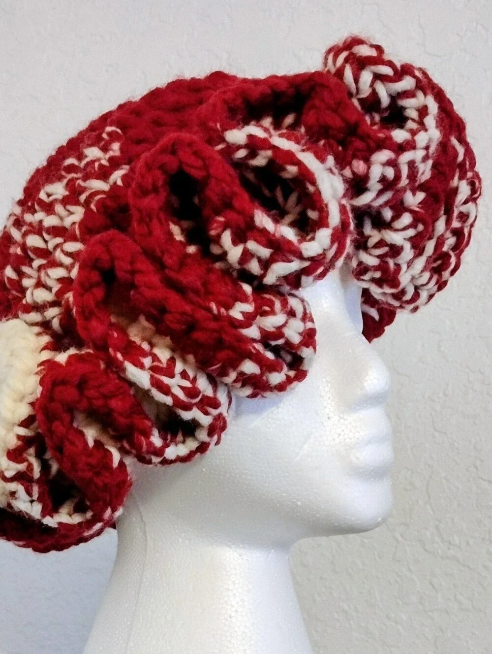 Chunky Red & Cream Crochet Scrunchie Hat